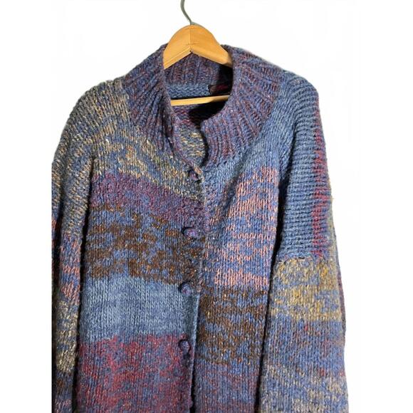 70's Cozy Hand-Knit Super Chunky Oversized Wool Multi-Colored Sweater Coat OS - Picture 3 of 11